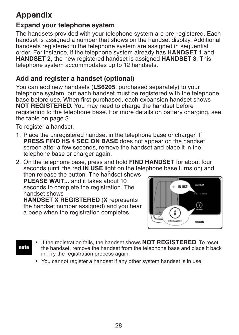 Expand your telephone system, Add and register a handset, Optional) | Appendix | VTech LS6215-3 User Manual | Page 31 / 47