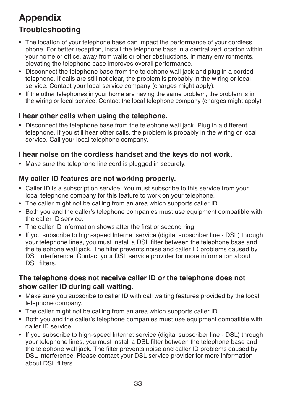 Appendix, Troubleshooting | VTech LS6215-3 User Manual | Page 36 / 47