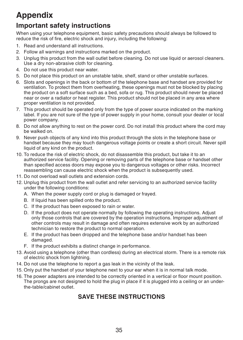 Important safety instructions, Appendix, Save these instructions | VTech LS6215-3 User Manual | Page 38 / 47