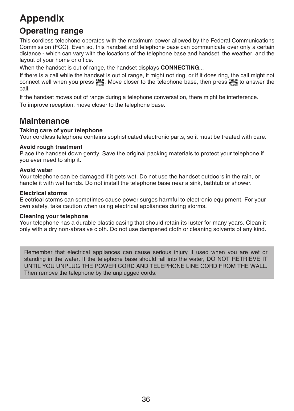 Operating range, Maintenance, Appendix | VTech LS6215-3 User Manual | Page 39 / 47