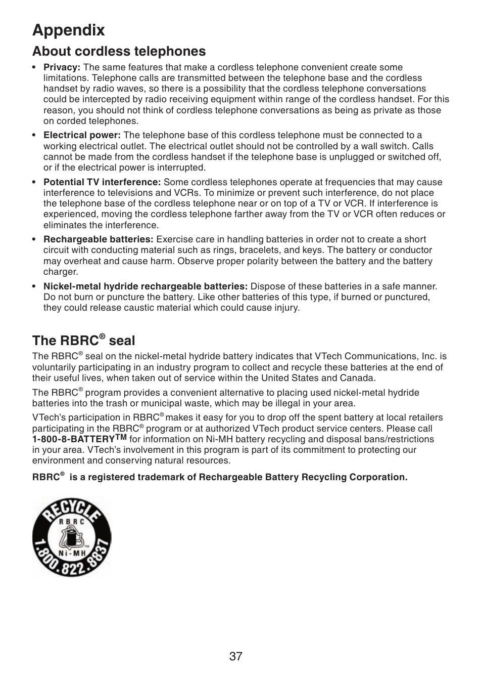 About cordless telephones, The rbrc, Seal | Appendix | VTech LS6215-3 User Manual | Page 40 / 47