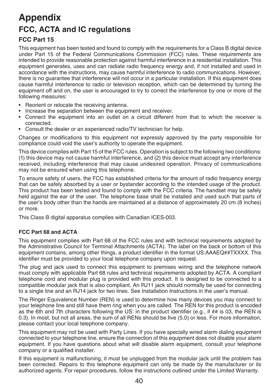 Fcc, acta and ic regulations, Appendix | VTech LS6215-3 User Manual | Page 43 / 47