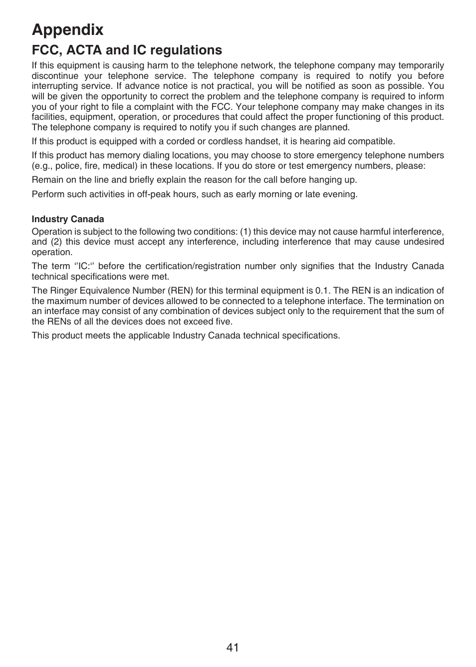 Appendix, Fcc, acta and ic regulations | VTech LS6215-3 User Manual | Page 44 / 47