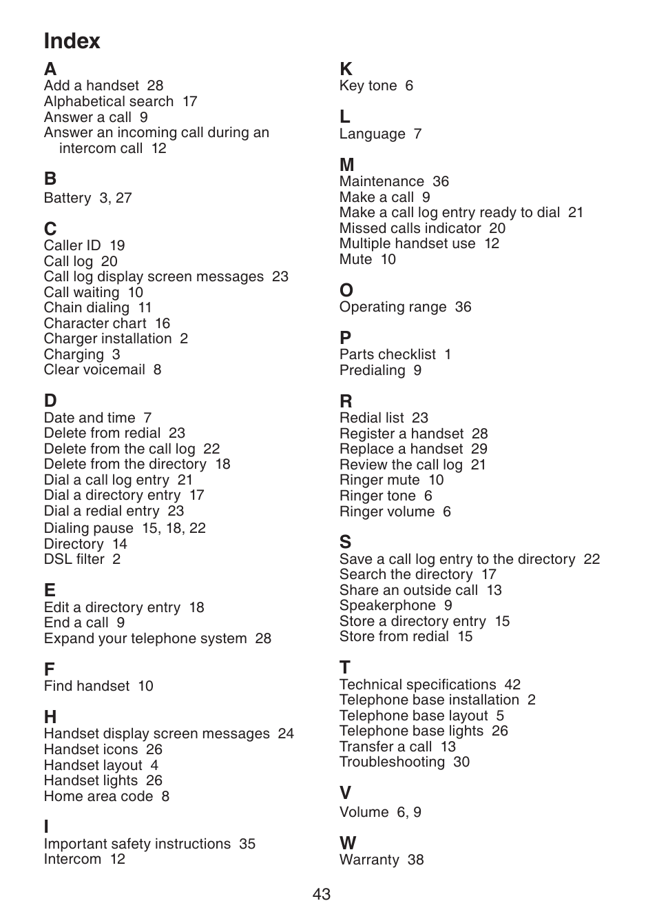 Index | VTech LS6215-3 User Manual | Page 46 / 47