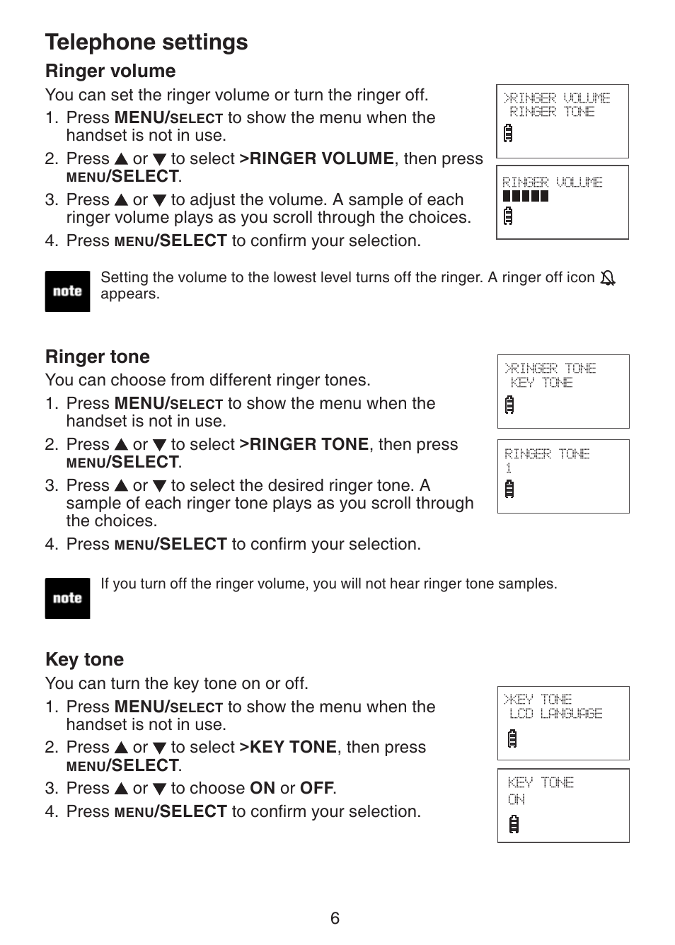 Telephone settings ringer volume, Ringer tone, Key tone | Telephone settings, Ringer volume | VTech LS6215-3 User Manual | Page 9 / 47