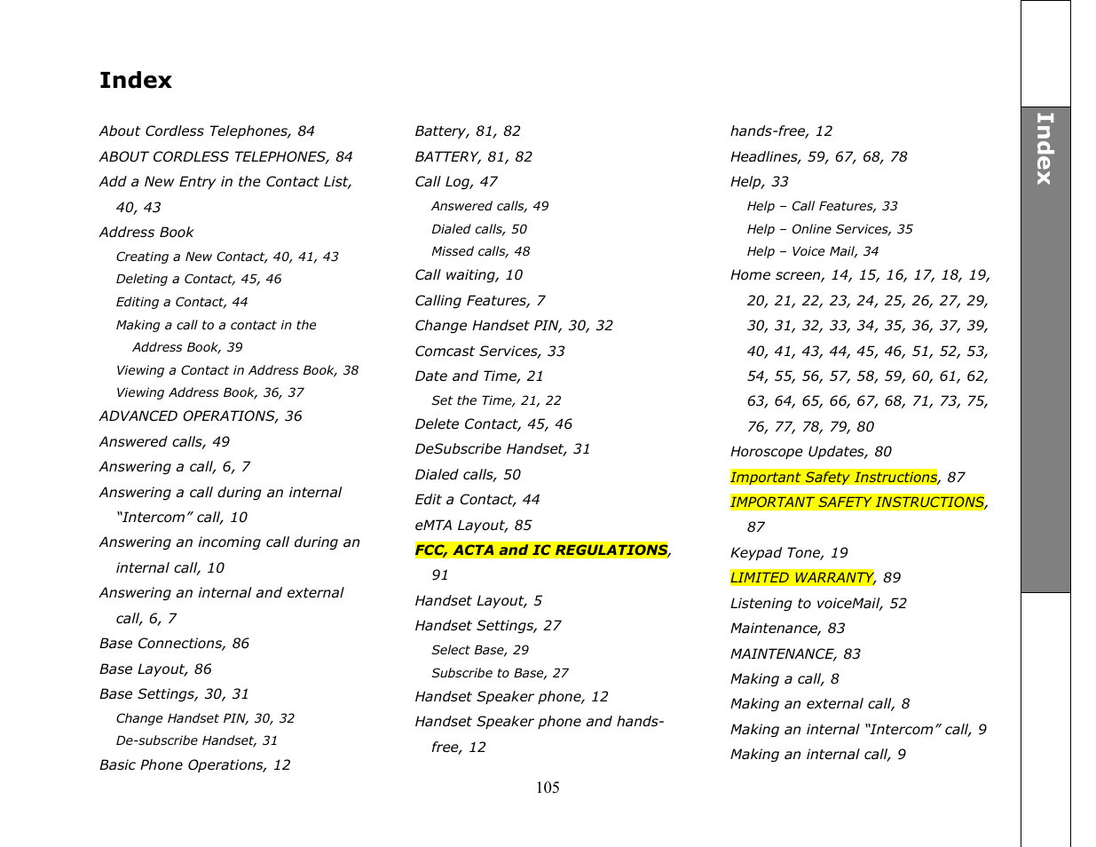 Index | VTech ip8301 User Manual | Page 105 / 106
