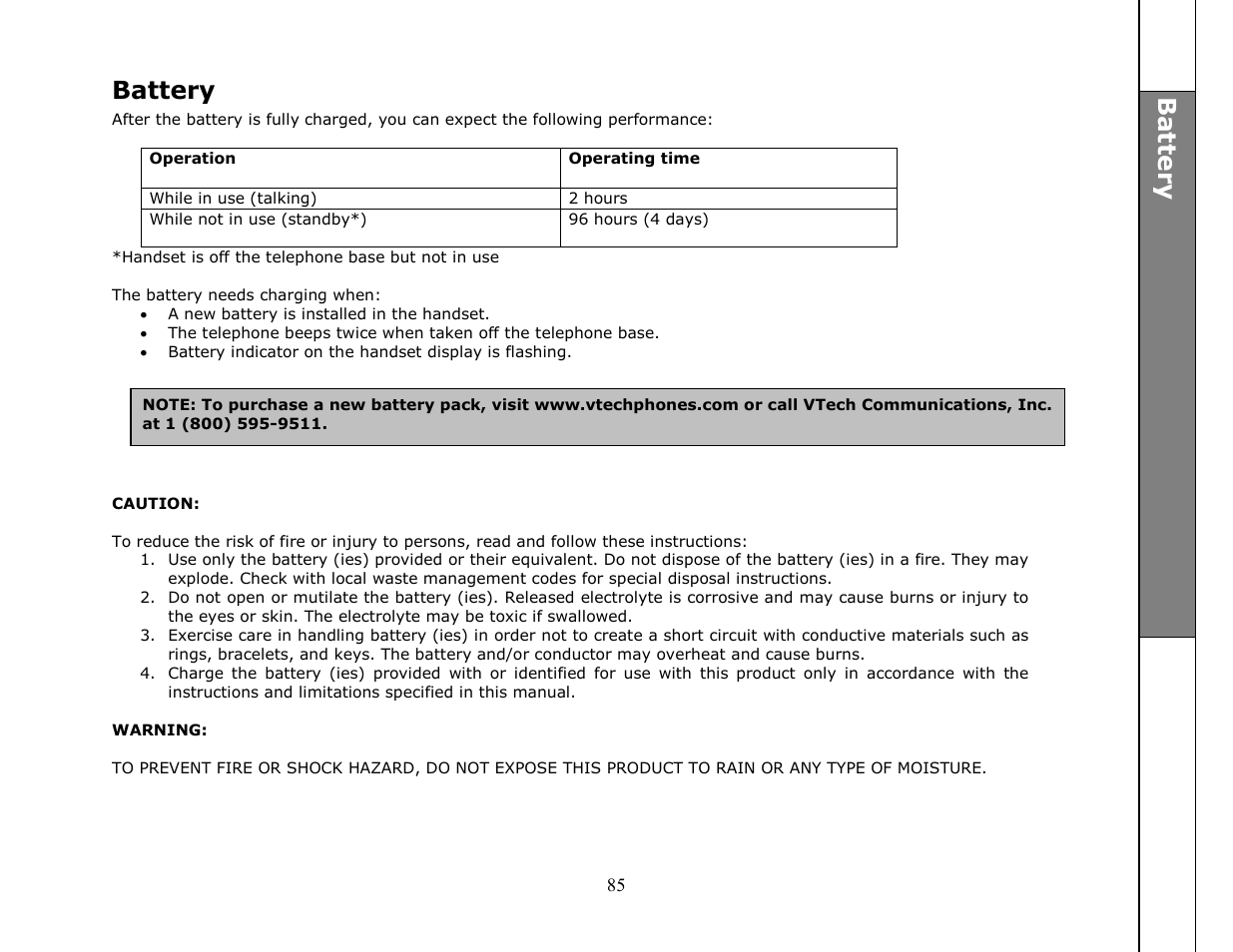 Battery, Ba tt e r y | VTech ip8301 User Manual | Page 85 / 106