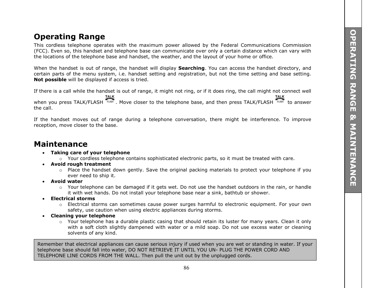 Operating range, Maintenance | VTech ip8301 User Manual | Page 86 / 106