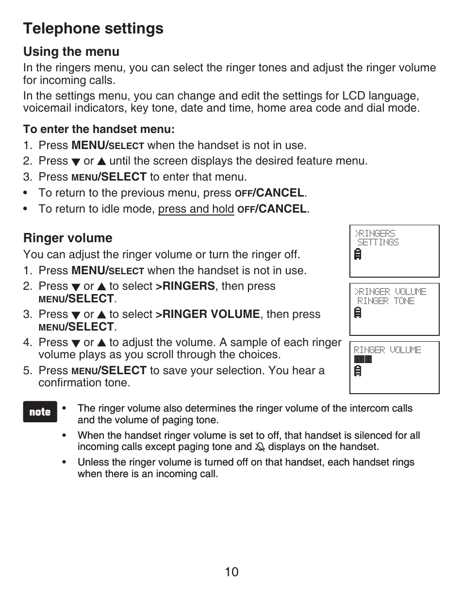 Set contrast, Telephone settings, Using the menu | Ringer volume, Telephone settings using the menu, 10 using the menu | VTech DECT CS6419-2 User Manual | Page 14 / 62