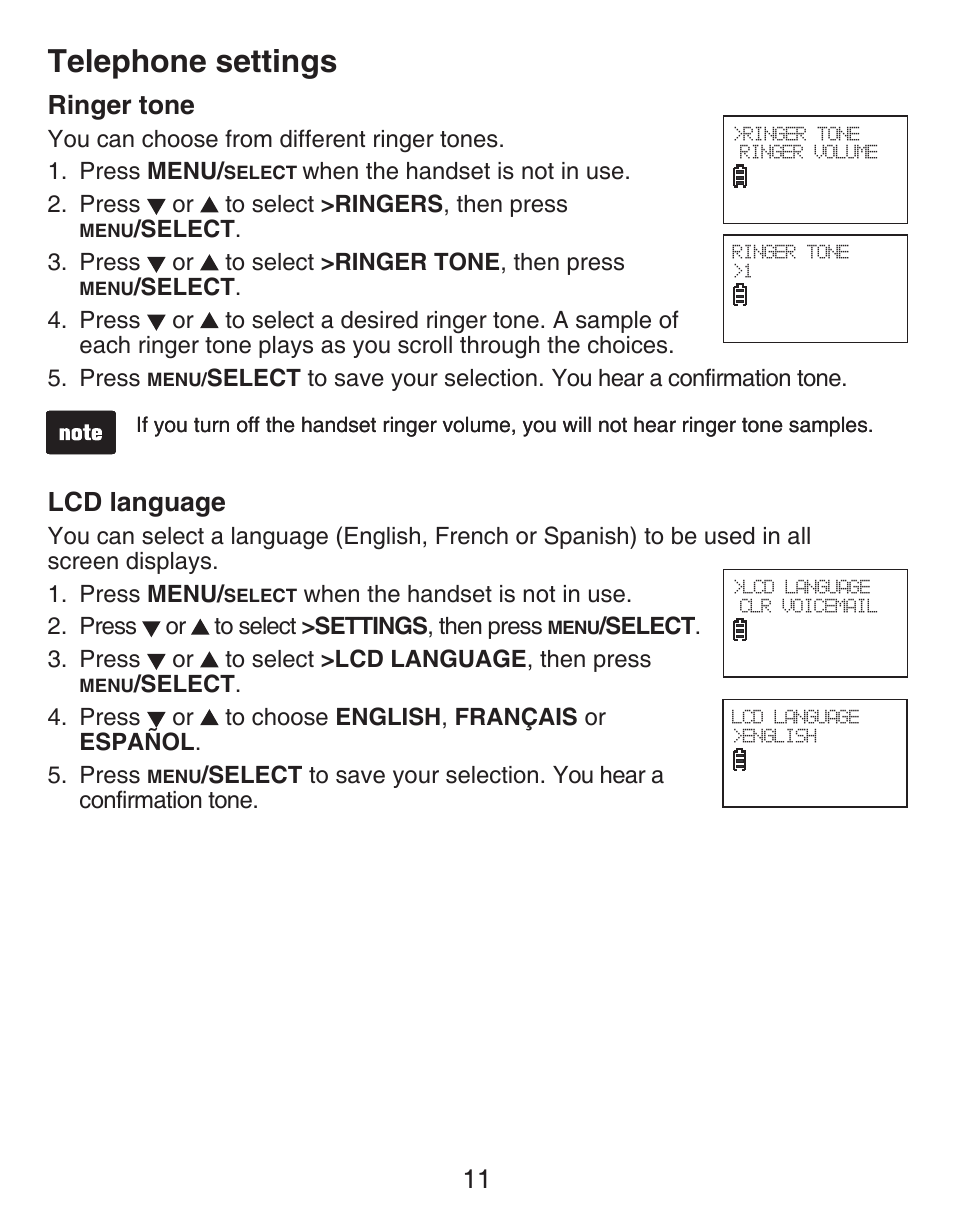 Ringer tone, Lcd language, Telephone settings | 11 ringer tone | VTech DECT CS6419-2 User Manual | Page 15 / 62
