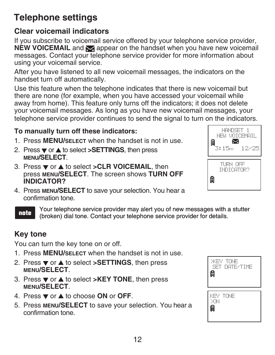 Clear voicemail indicators, Key tone, Telephone settings | 12 clear voicemail indicators | VTech DECT CS6419-2 User Manual | Page 16 / 62