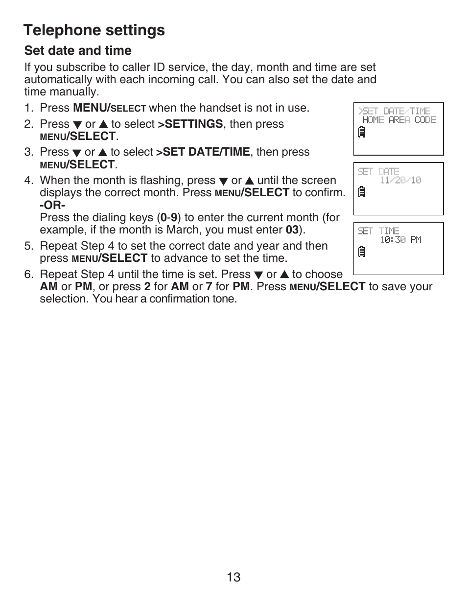 Set time/date, Set date and time, Telephone settings | VTech DECT CS6419-2 User Manual | Page 17 / 62