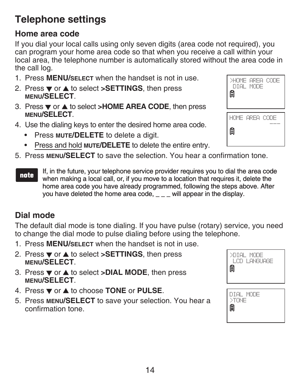 Call waiting, Home area code, Dial mode | Telephone settings, 14 home area code | VTech DECT CS6419-2 User Manual | Page 18 / 62