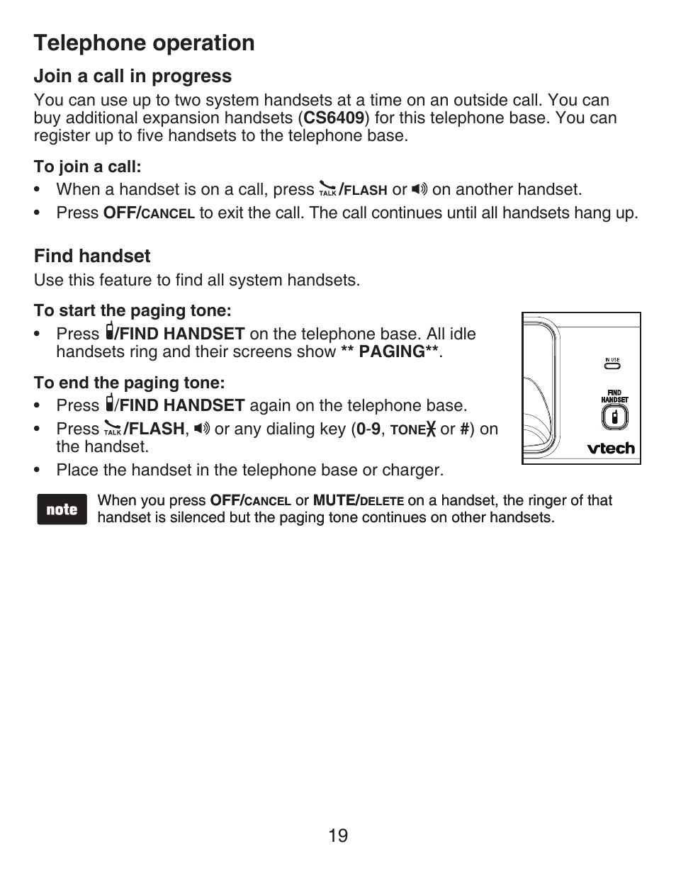 Troubleshooting, Join a call in progress, Find handset | Telephone operation, 19 join a call in progress | VTech DECT CS6419-2 User Manual | Page 23 / 62