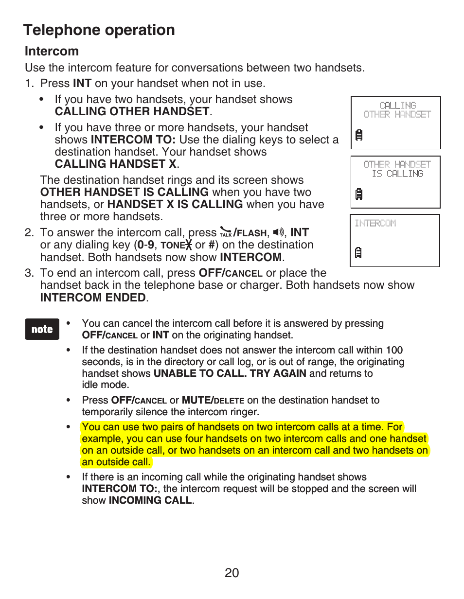 Intercom, Telephone operation, 20 intercom | VTech DECT CS6419-2 User Manual | Page 24 / 62