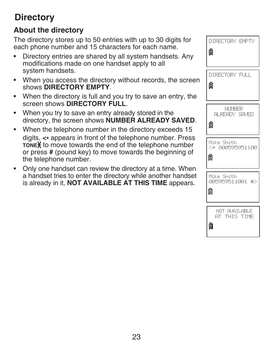 Directory, About the directory, Directory about the directory | 23 about the directory | VTech DECT CS6419-2 User Manual | Page 27 / 62