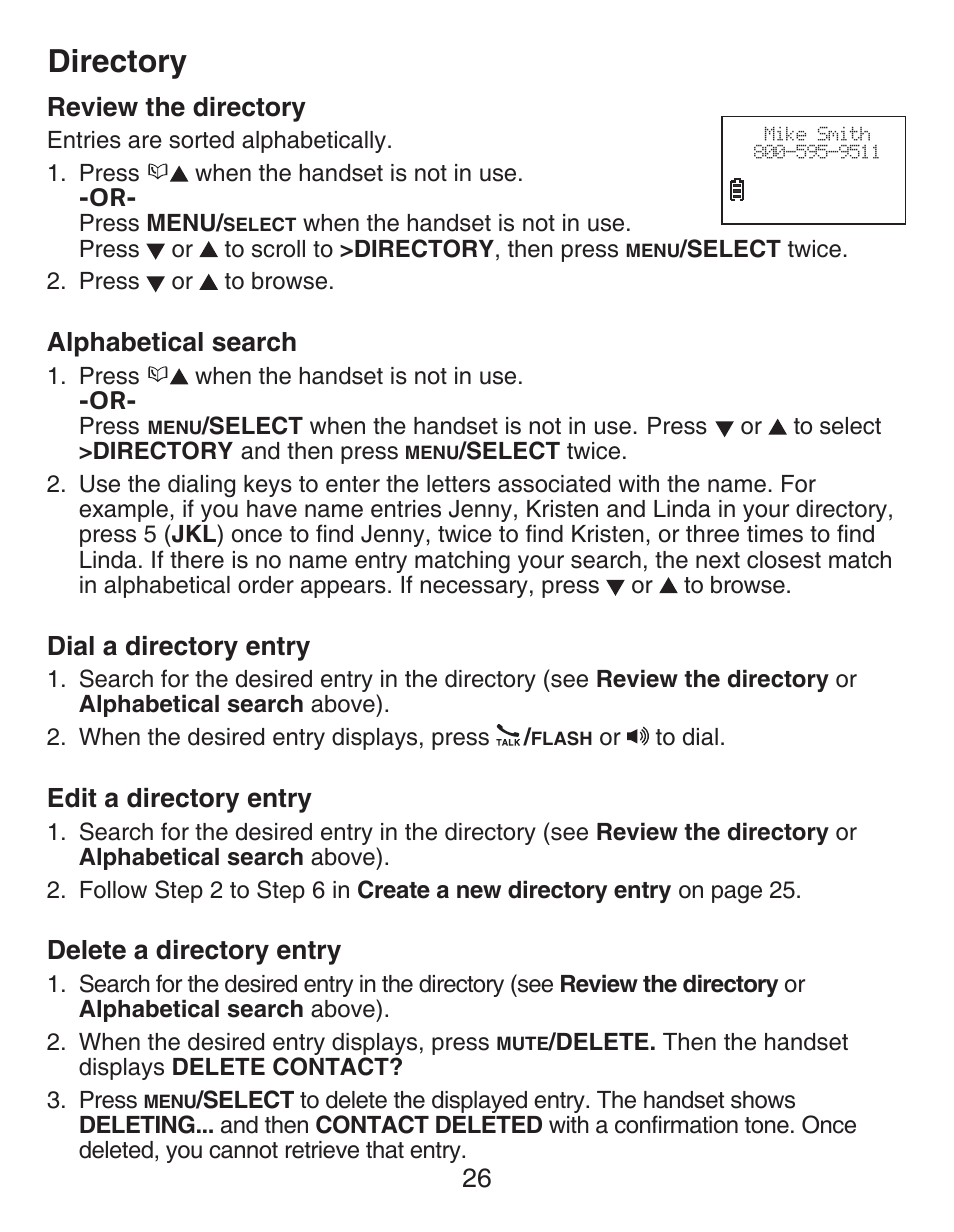 Review the directory, Alphabetical search, Dial a directory entry | Edit a directory entry, Delete a directory entry, Directory | VTech DECT CS6419-2 User Manual | Page 30 / 62