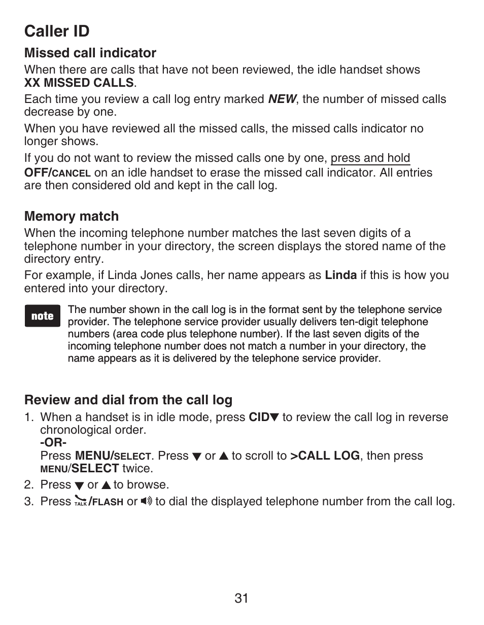 Missed call indicator, Memory match, Review and dial from the call log | Caller id | VTech DECT CS6419-2 User Manual | Page 35 / 62