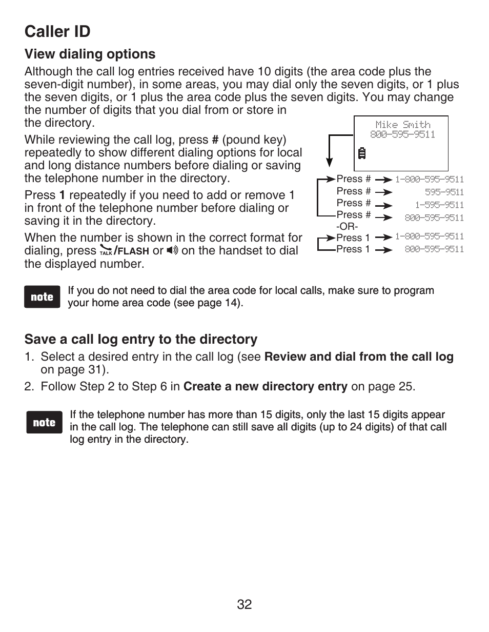 View dialing options, Save a call iog entry to the directory, Save a call iog entry to | The directory, Caller id, 32 view dialing options | VTech DECT CS6419-2 User Manual | Page 36 / 62