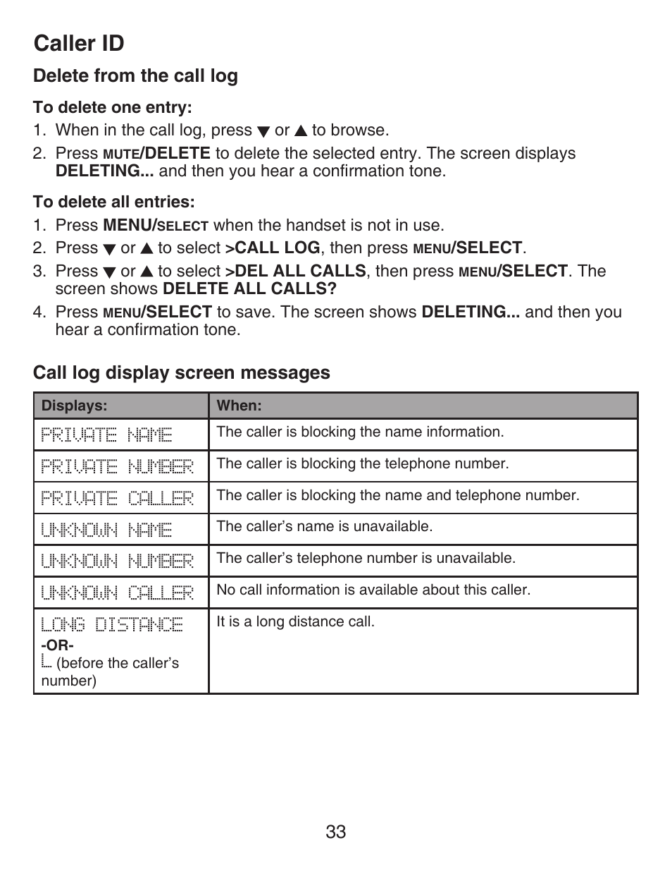 Delete from the call log, Call log display screen messages, Call log display | Screen messages, Caller id, 33 delete from the call log | VTech DECT CS6419-2 User Manual | Page 37 / 62