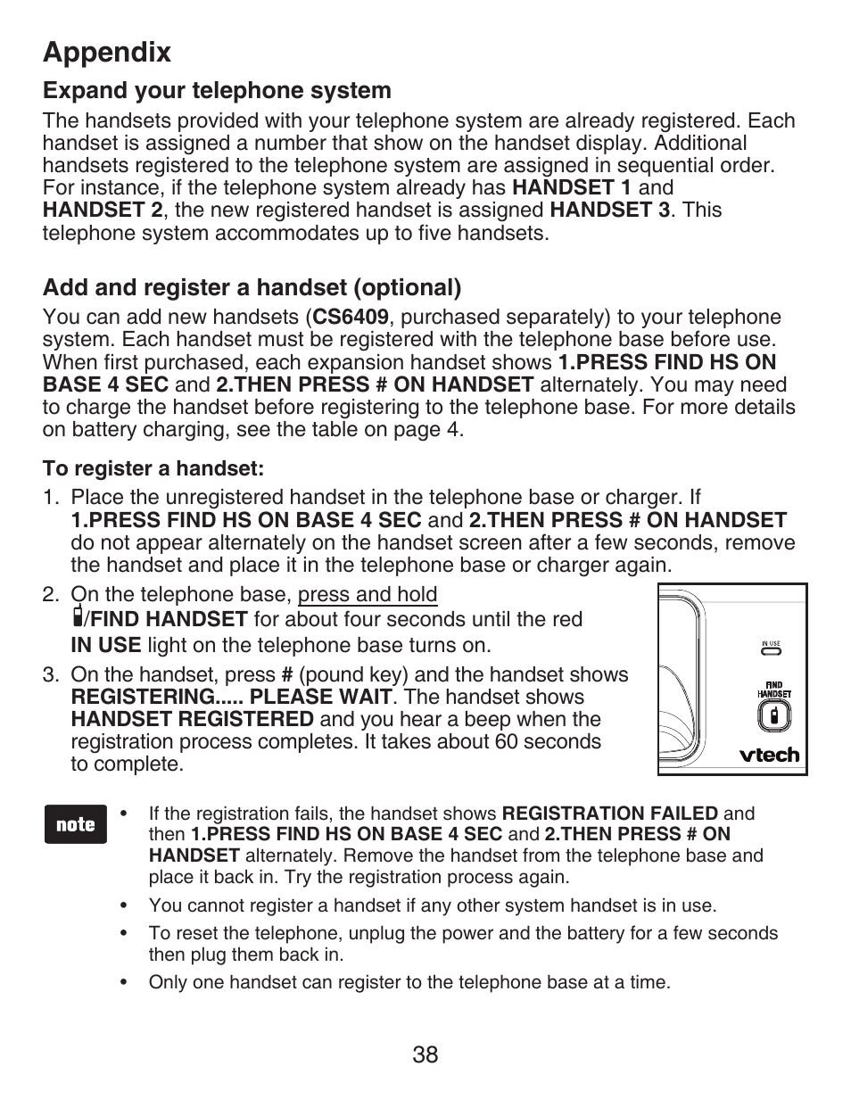 Expand your telephone system, Add and register a handset (optional), Add and register a handset | Appendix | VTech DECT CS6419-2 User Manual | Page 42 / 62