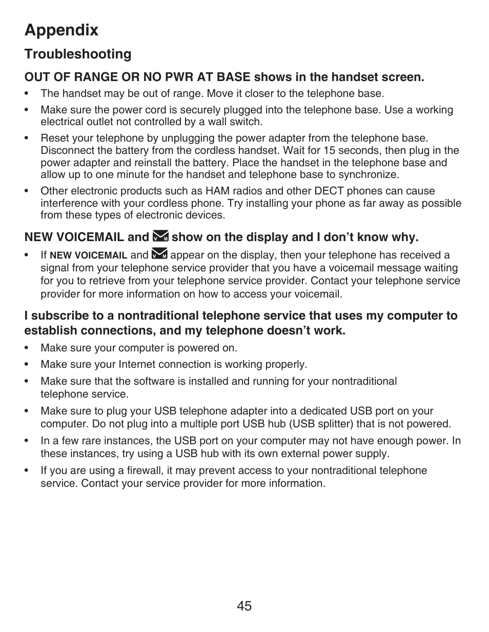 Appendix, Troubleshooting | VTech DECT CS6419-2 User Manual | Page 49 / 62