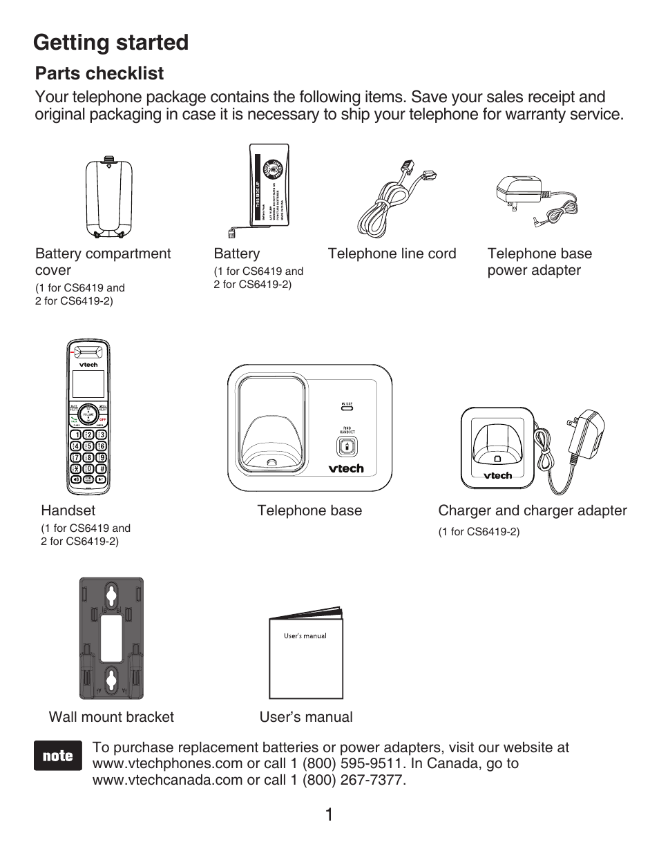 Parts checklist, Getting started, Getting started parts checklist | 1parts checklist | VTech DECT CS6419-2 User Manual | Page 5 / 62