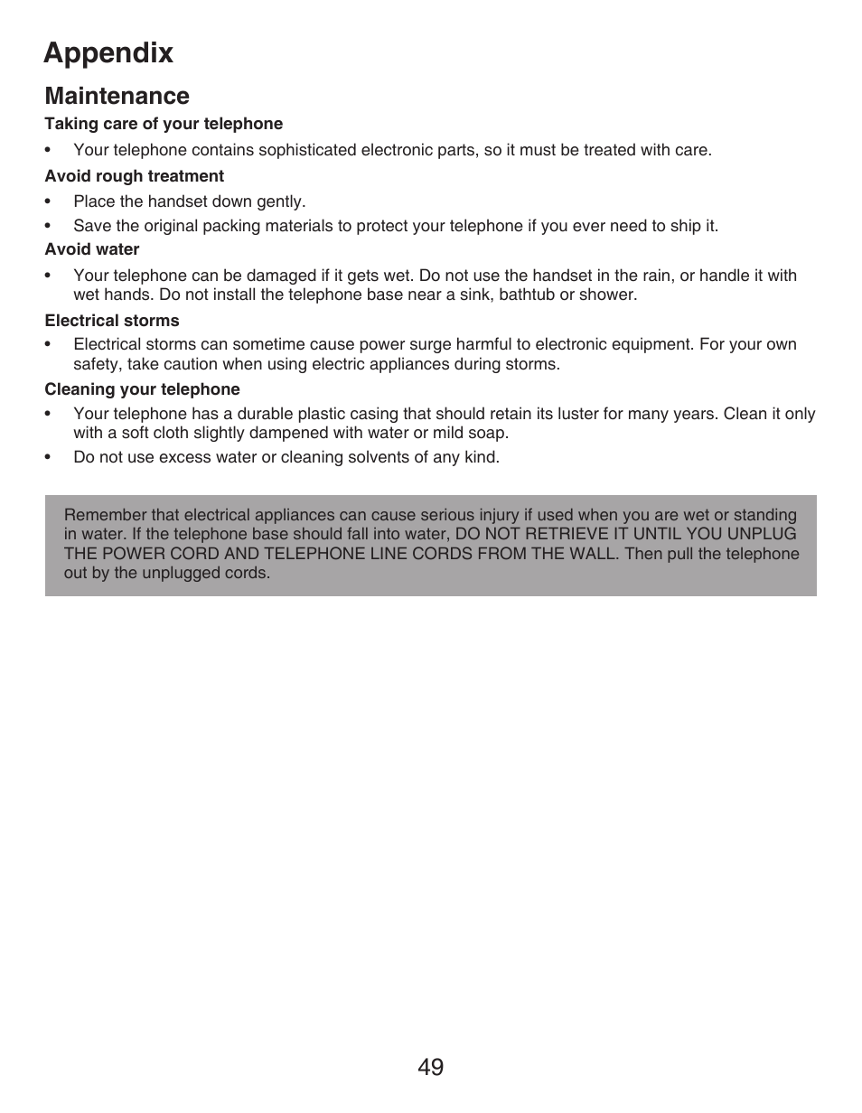 Maintenance, Appendix, 49 maintenance | VTech DECT CS6419-2 User Manual | Page 53 / 62