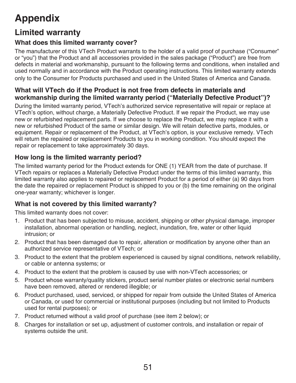 Limited warranty, Appendix, 51 limited warranty | VTech DECT CS6419-2 User Manual | Page 55 / 62