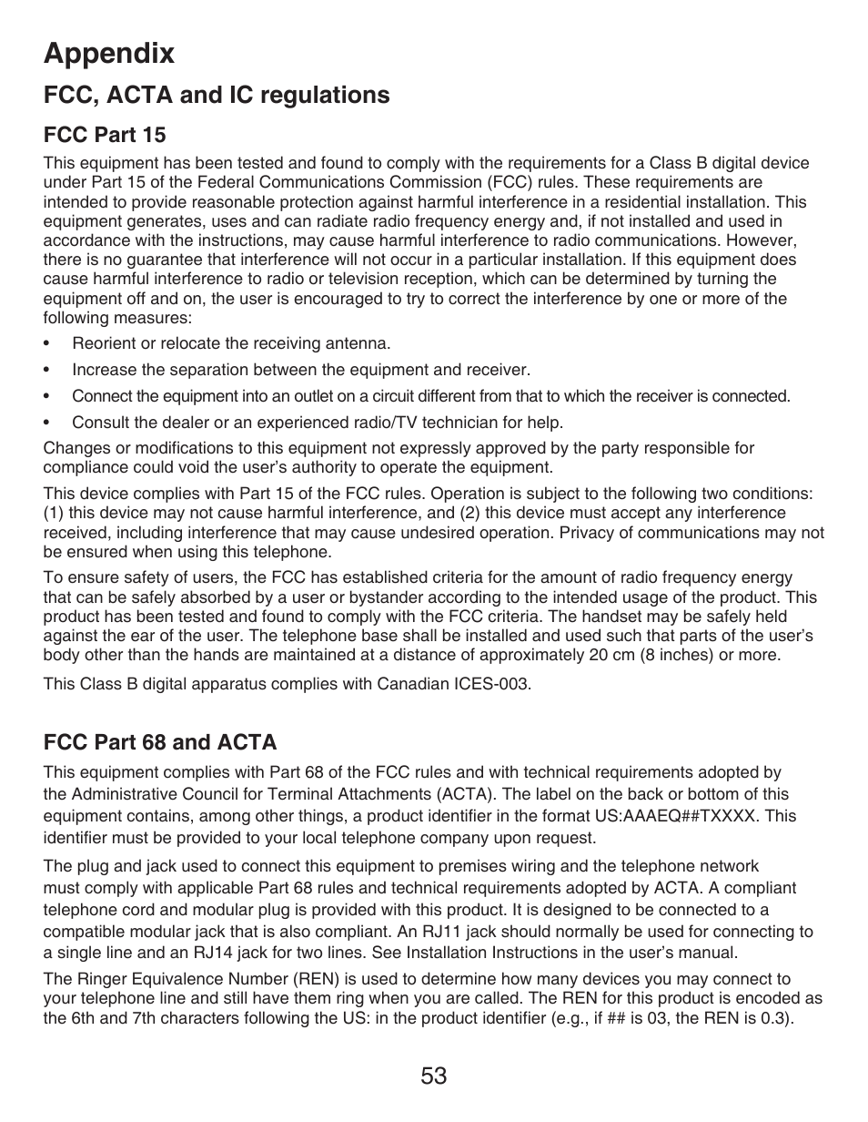 Fcc, acta and ic regulations, Fcc part 15, Fcc part 68 and acta | Appendix, 53 fcc, acta and ic regulations | VTech DECT CS6419-2 User Manual | Page 57 / 62