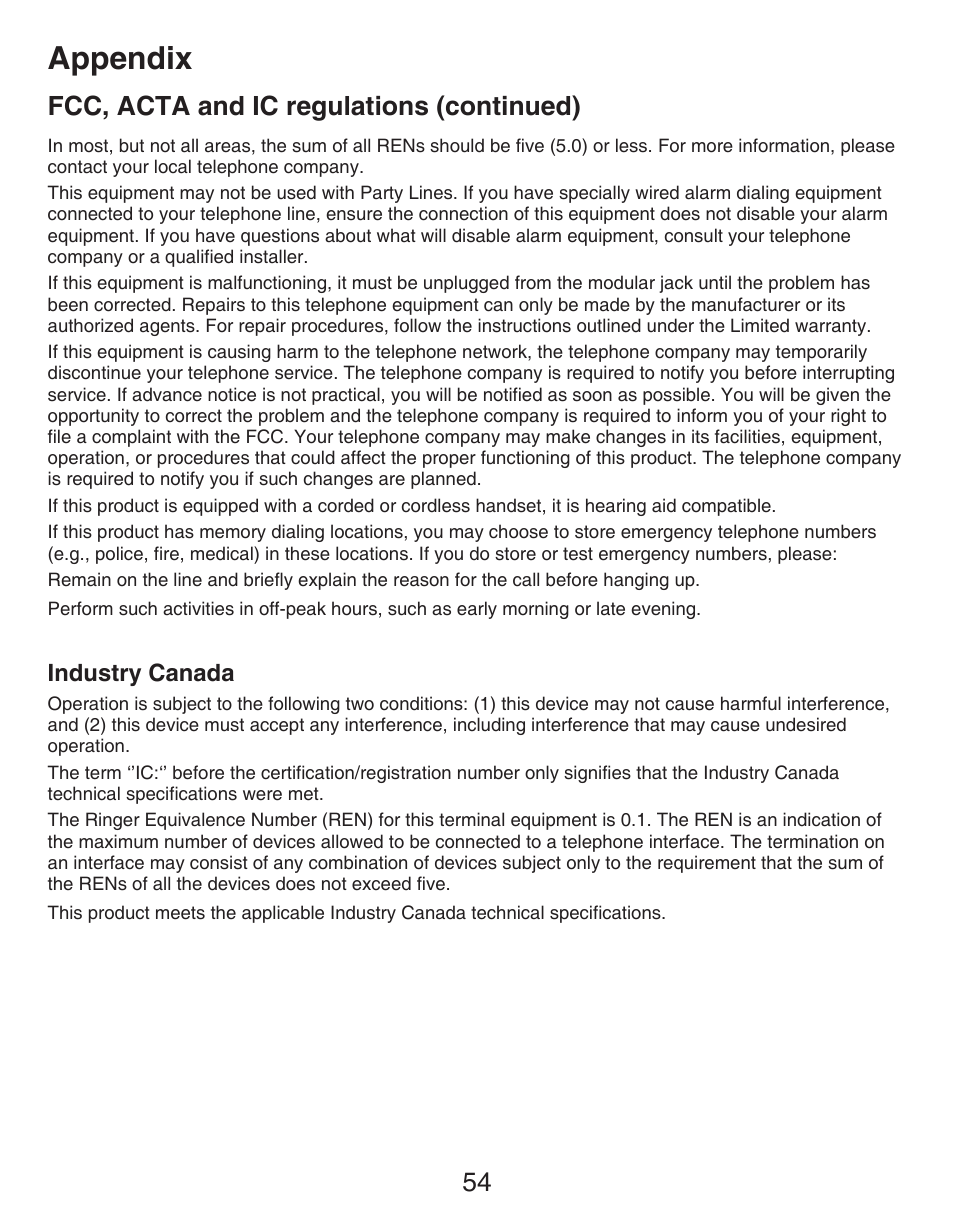 Industry canada, Appendix, 54 fcc, acta and ic regulations (continued) | VTech DECT CS6419-2 User Manual | Page 58 / 62
