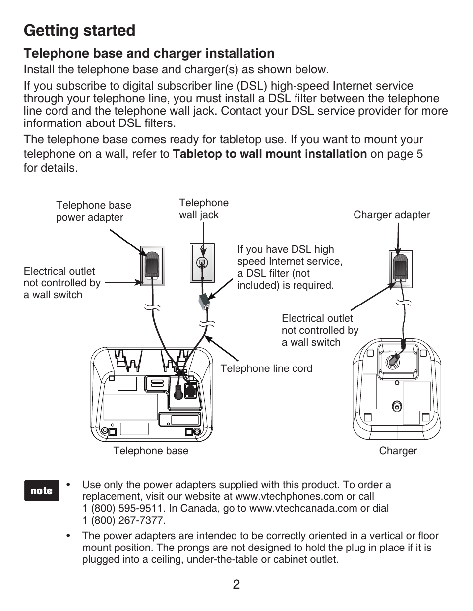 Getting started, Handset back layout, Telephone base and charger installation | Telephone base and, Charger installation | VTech DECT CS6419-2 User Manual | Page 6 / 62