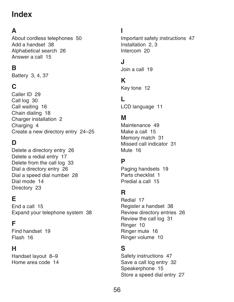 Index, 56 a | VTech DECT CS6419-2 User Manual | Page 60 / 62