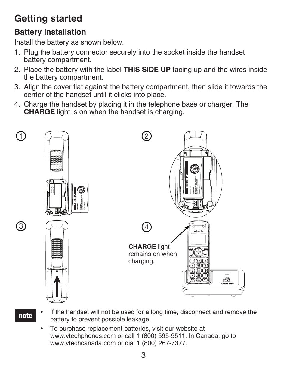 Handset face layout, Battery installation, Getting started | VTech DECT CS6419-2 User Manual | Page 7 / 62