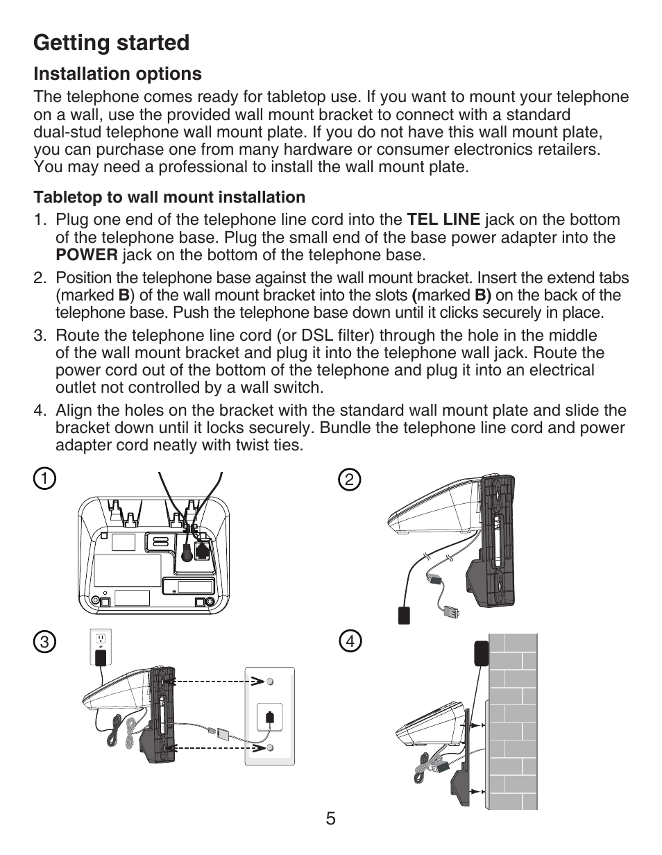 Battery installation, Installation options, Getting started | VTech DECT CS6419-2 User Manual | Page 9 / 62