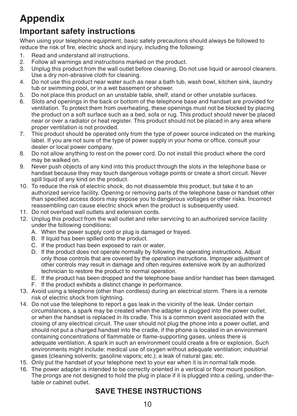 Important safety instructions, Appendix, Save these instructions | VTech DS6401 User Manual | Page 13 / 21