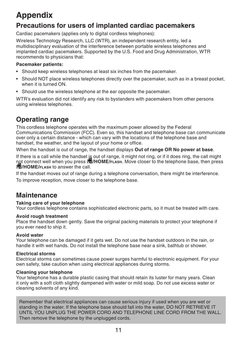 Operating range, Maintenance, Appendix | VTech DS6401 User Manual | Page 14 / 21