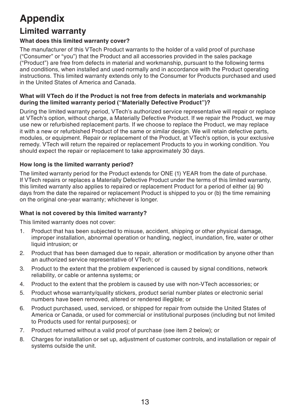 Limited warranty, Appendix | VTech DS6401 User Manual | Page 16 / 21