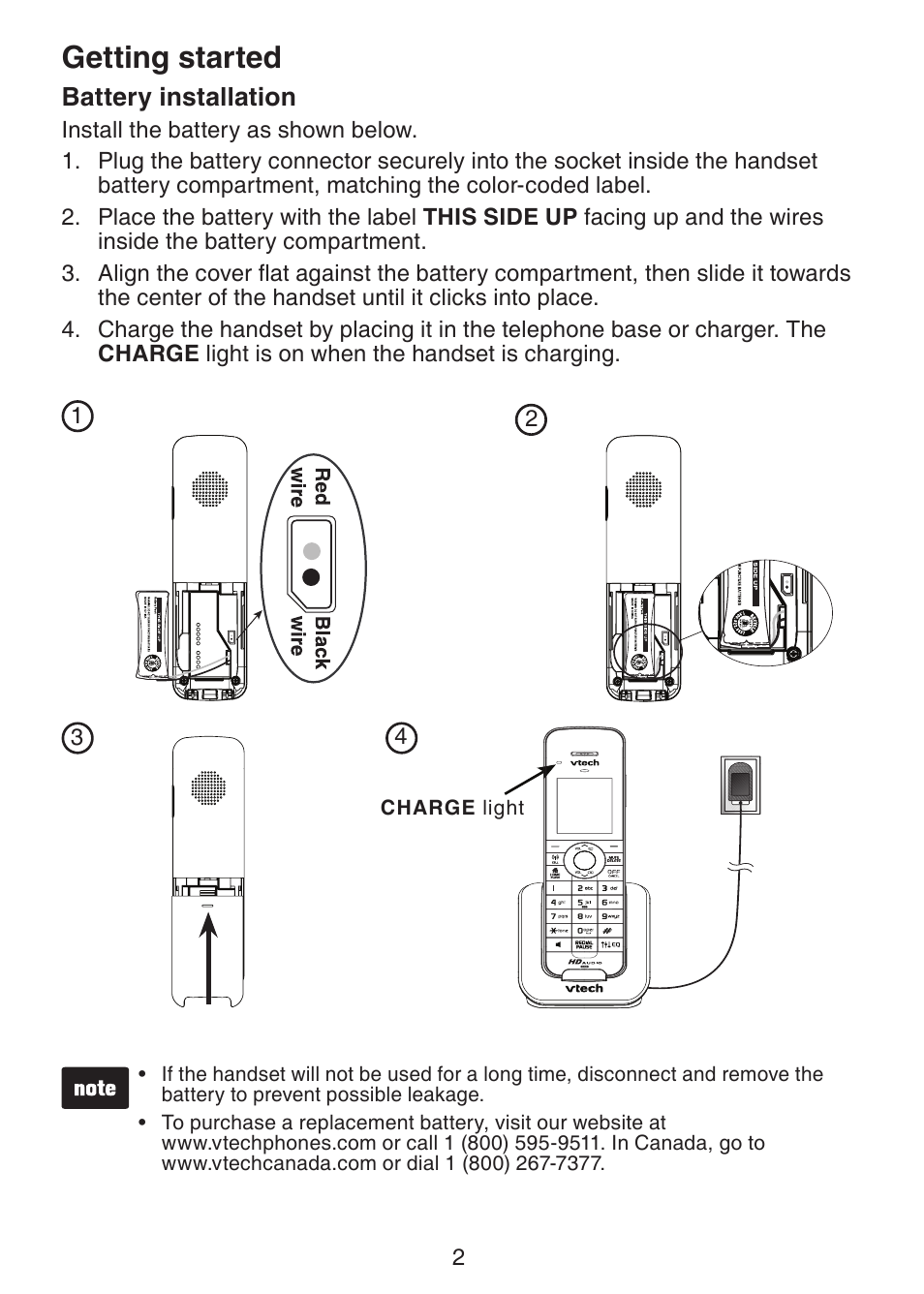 Battery installation, Getting started | VTech DS6401 User Manual | Page 5 / 21