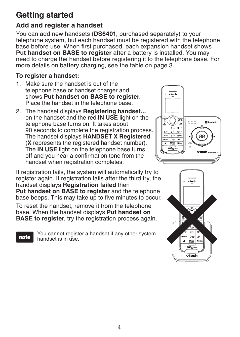 Add and register a handset (optional), Add and register a handset, Getting started | VTech DS6401 User Manual | Page 7 / 21