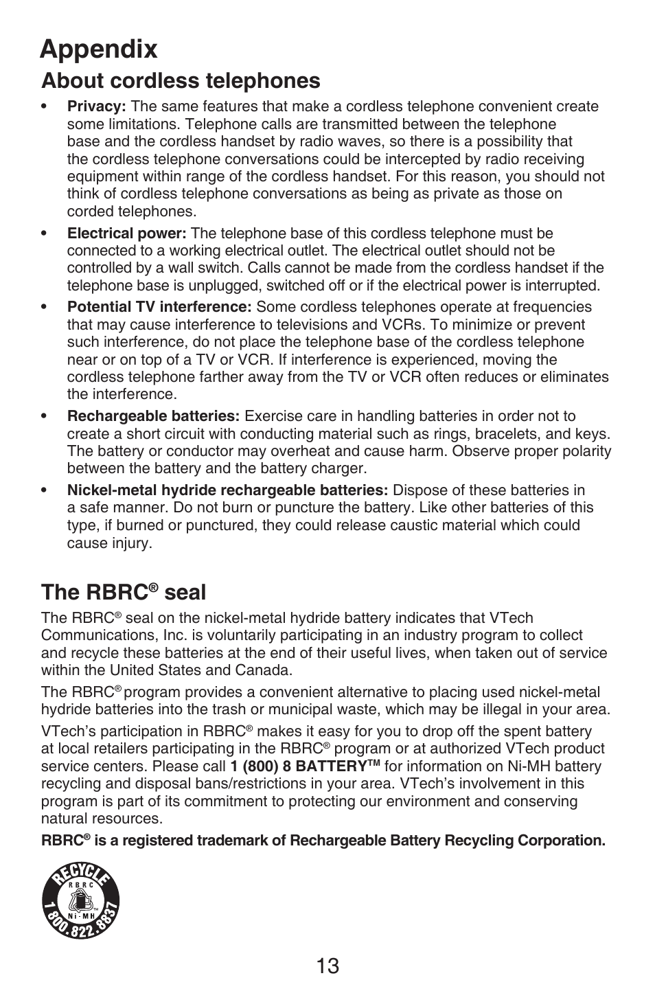 About cordless telephones, The rbrc® seal, About cordless telephones the rbrc | Seal, Appendix, 13 about cordless telephones, The rbrc | VTech CS6409 User Manual | Page 16 / 23