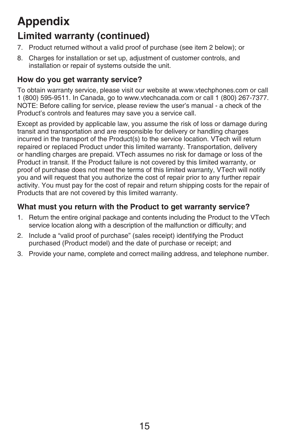 Appendix, Limited warranty (continued) | VTech CS6409 User Manual | Page 18 / 23