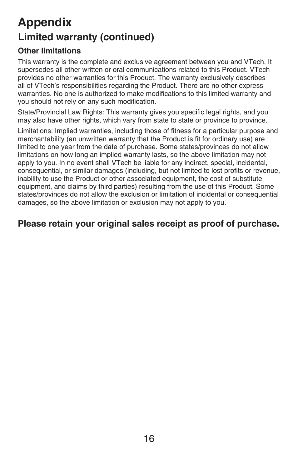 Appendix, Limited warranty (continued) | VTech CS6409 User Manual | Page 19 / 23