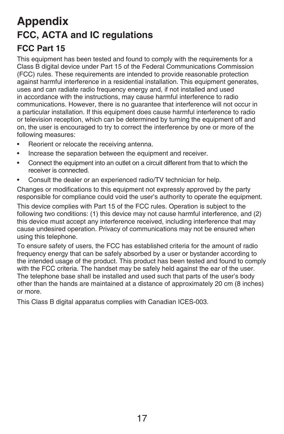 Fcc, acta and ic regulations, Fcc part 15, Fcc part 68 and acta | Appendix, 17 fcc, acta and ic regulations | VTech CS6409 User Manual | Page 20 / 23