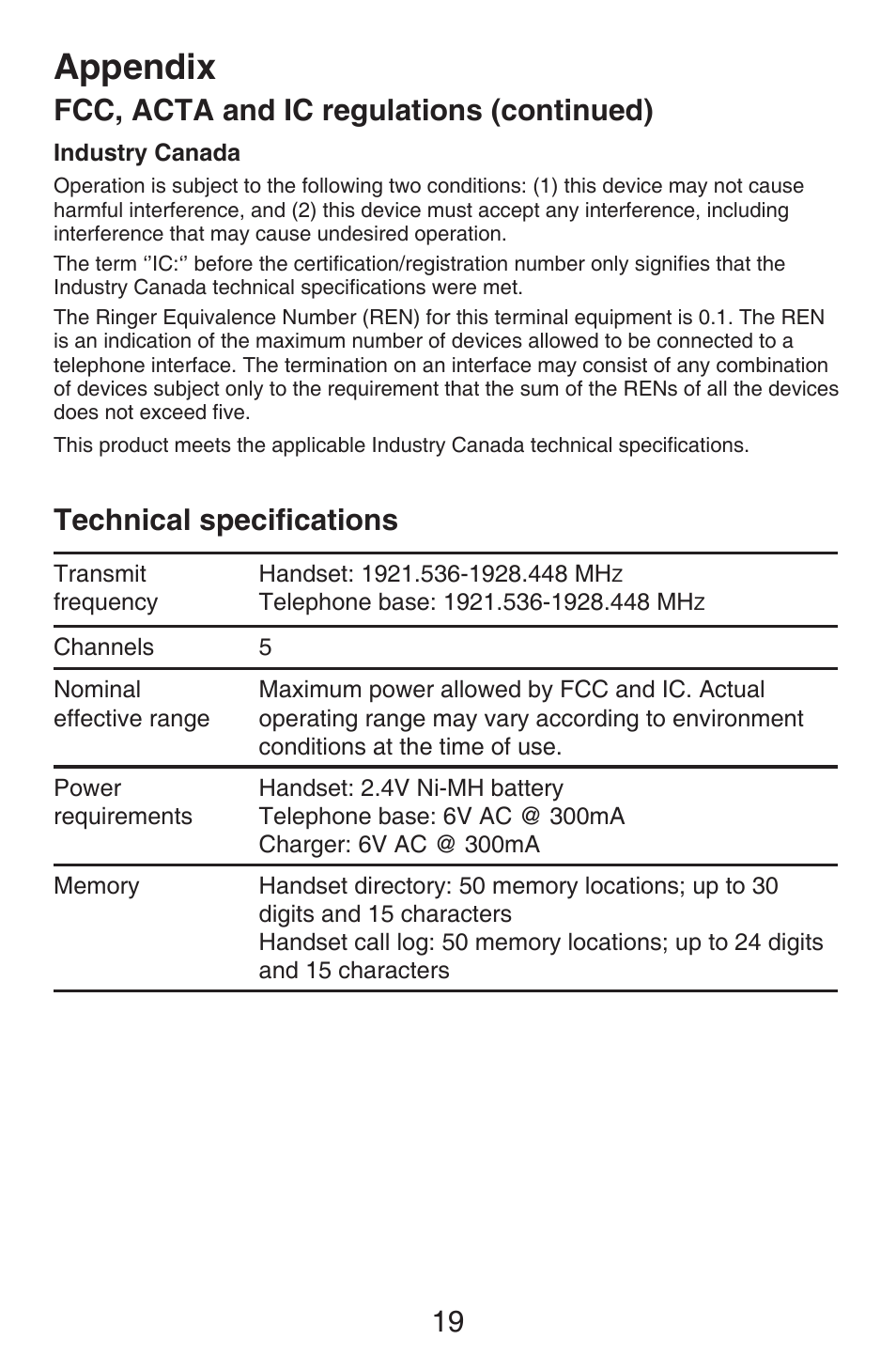 Technical specification, Appendix, 19 fcc, acta and ic regulations (continued) | Technical specifications | VTech CS6409 User Manual | Page 22 / 23