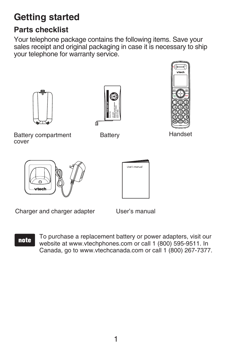 Parts checklist, Getting started, Getting started parts checklist | 1parts checklist | VTech CS6409 User Manual | Page 4 / 23