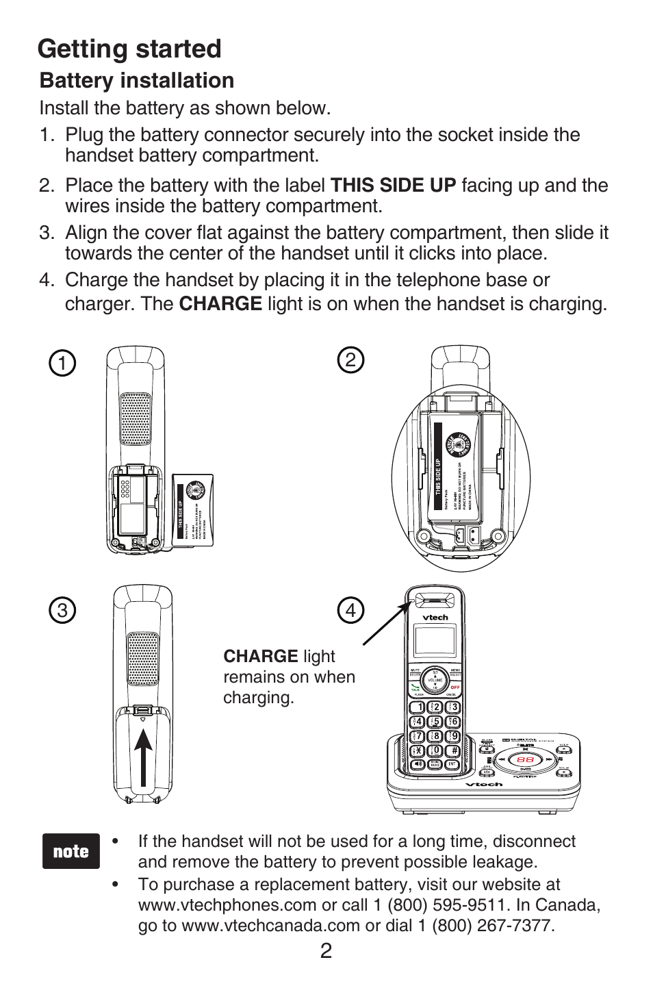 Handset face layout, Battery installation, Getting started | VTech CS6409 User Manual | Page 5 / 23