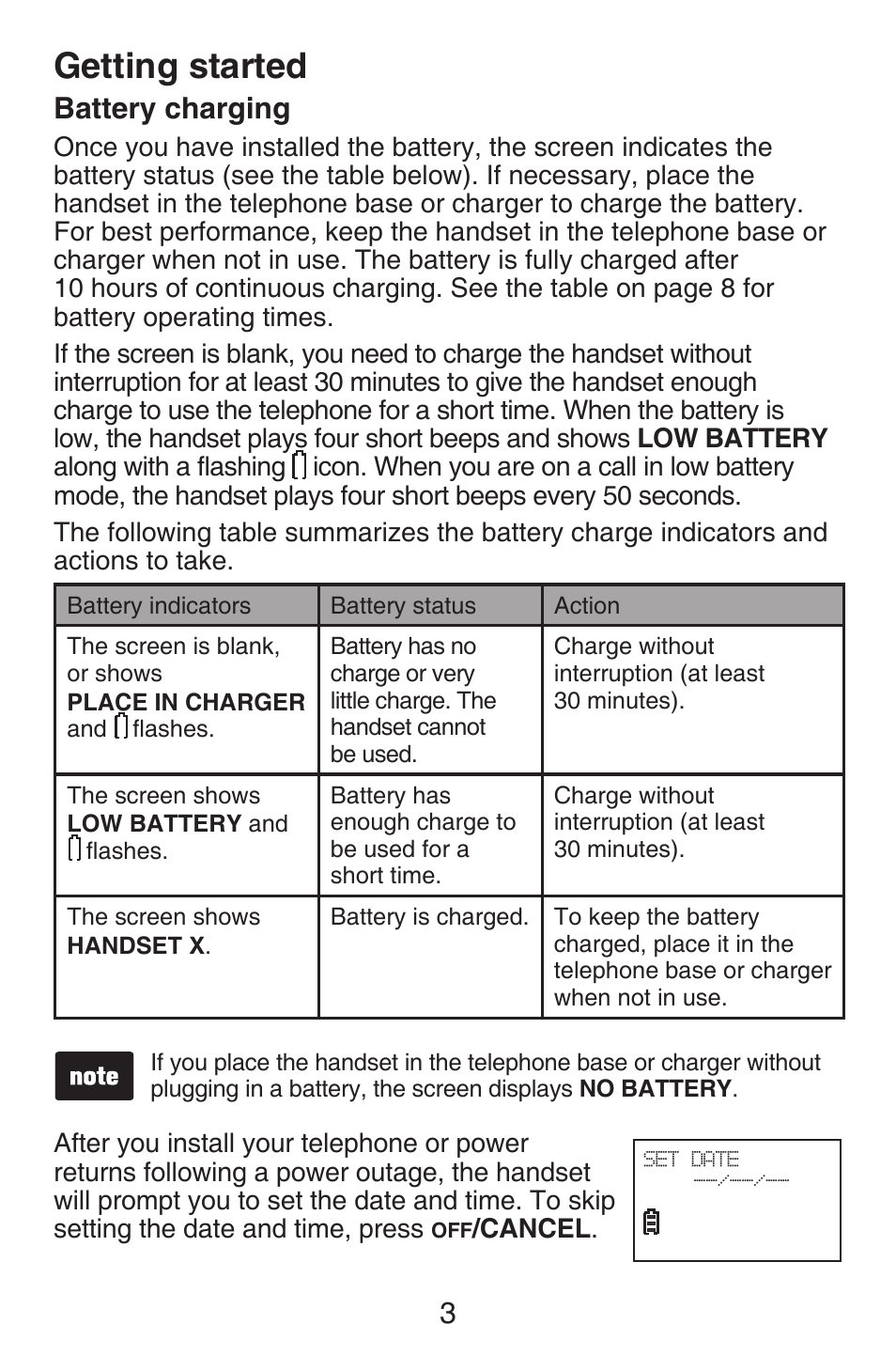 Battery charging, Getting started, 3battery charging | VTech CS6409 User Manual | Page 6 / 23