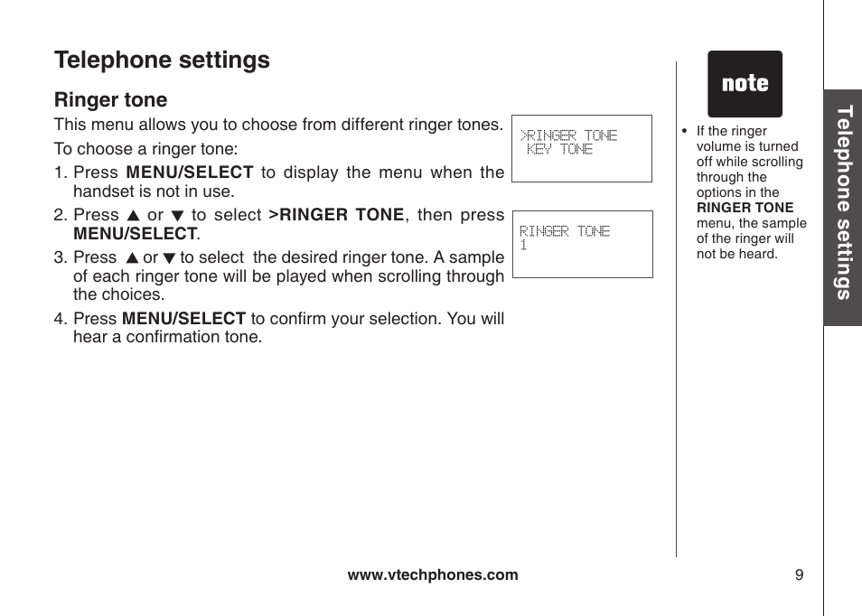 Ringer tone, Telephone settings, Te le ph on e s ett in gs | VTech VT-DS6121 User Manual | Page 13 / 69