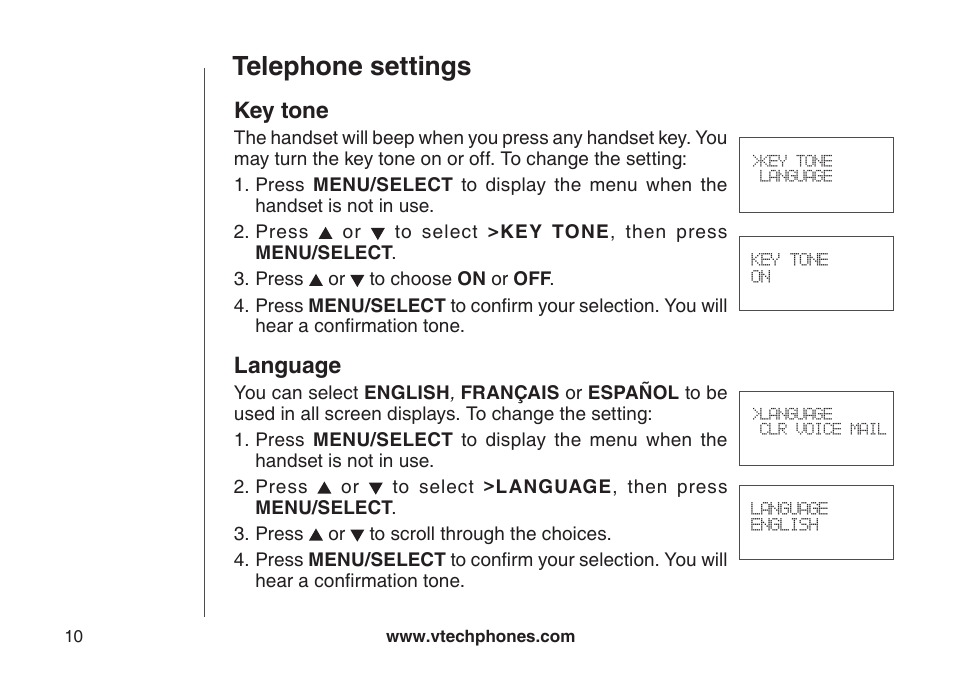 Key tone language, Telephone settings, Key tone | Language | VTech VT-DS6121 User Manual | Page 14 / 69